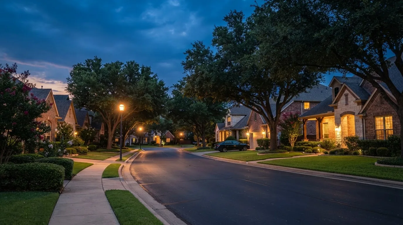 A quiet residential street at dusk, like the neighborhoods served in Garland